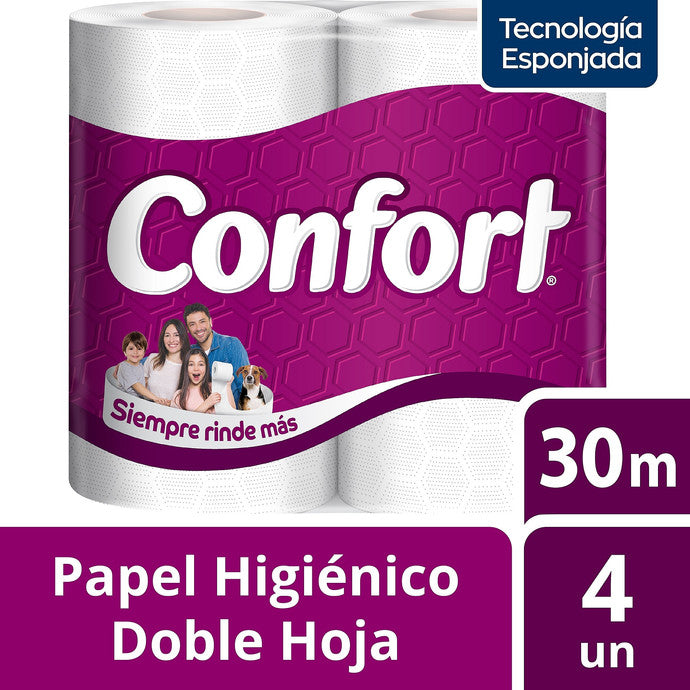 PAPEL HIGIENICO CONFORT DOBLE HOJA 30 MTS 4 ROLLOS