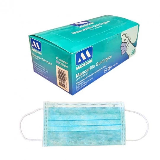 MASCARILLAS QUIRURGICA CELESTE CON ELASTICO 50 UNI.